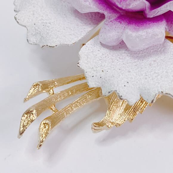 Vintage Mid Century Purple Lucite Enamel Orchid Flower Brooch AB Rhinestones - Picture 7 of 11